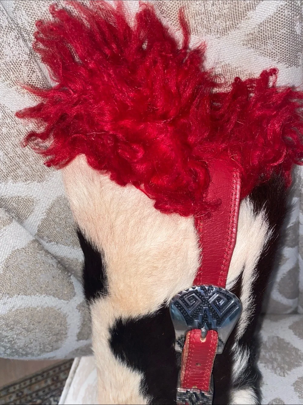 Red Leather & Cowhide Fur Decorative Throw Pillow with Red Mohair Trim